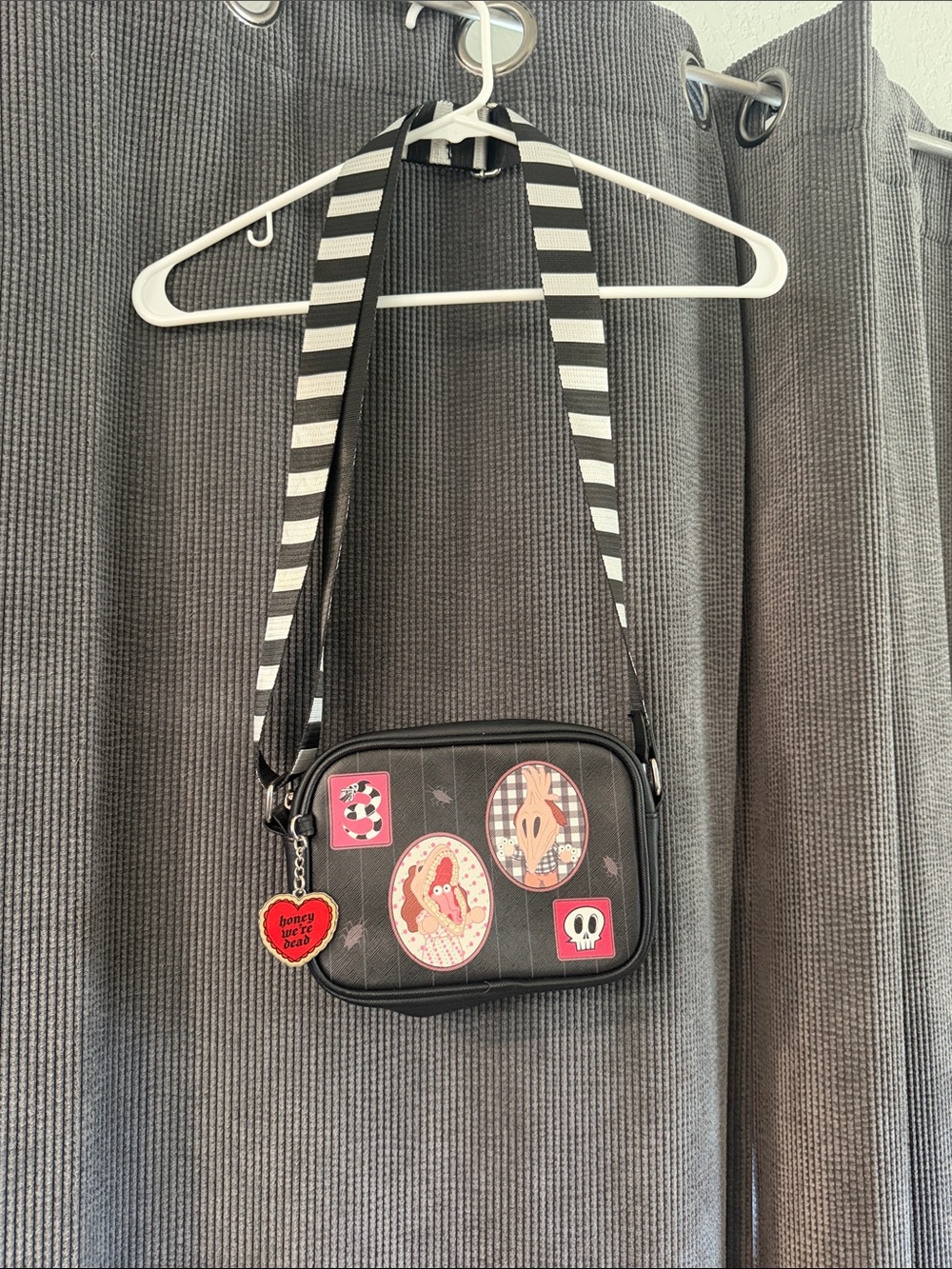 Black Crossbody Camera Bag with Striped Strap and Cute Patches